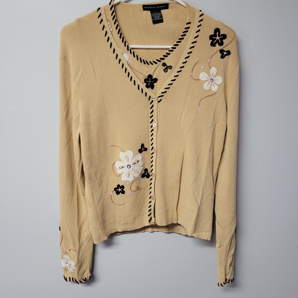 Maurice Sasson Beige Embroidered Floral Cardigan Sweater Vest Sz M Two Piece Set